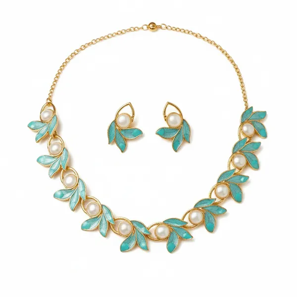 Gold_Turquoise_Alloy_Leaf_Pearl_Necklace_And_Earrings_Set_For_Women