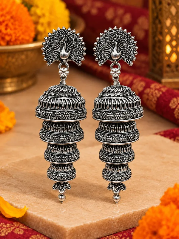 Silver_Oxidized_Alloy_Peacock_Motif_Jhumka_Earrings_For_Women