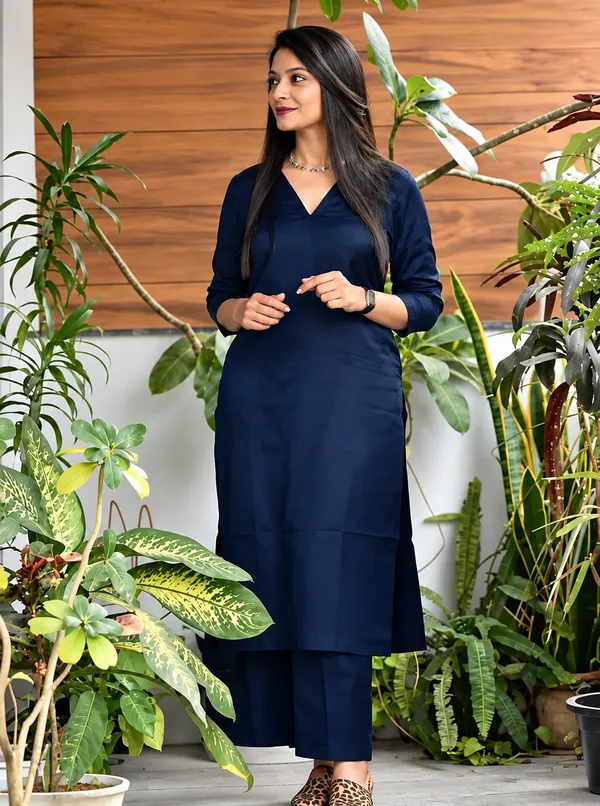 Blue_Rayon_Solid_Kurti_With_Pant