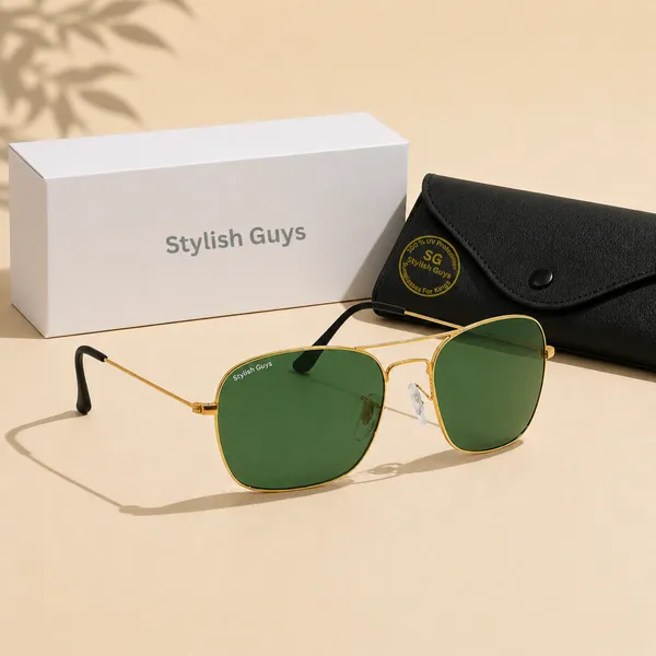 Sunglasses_For_Men_With_Green_Glass_Golden_Frame_3136_Square_Sunglass_By_Sunglasses_Deal_Green_Golden