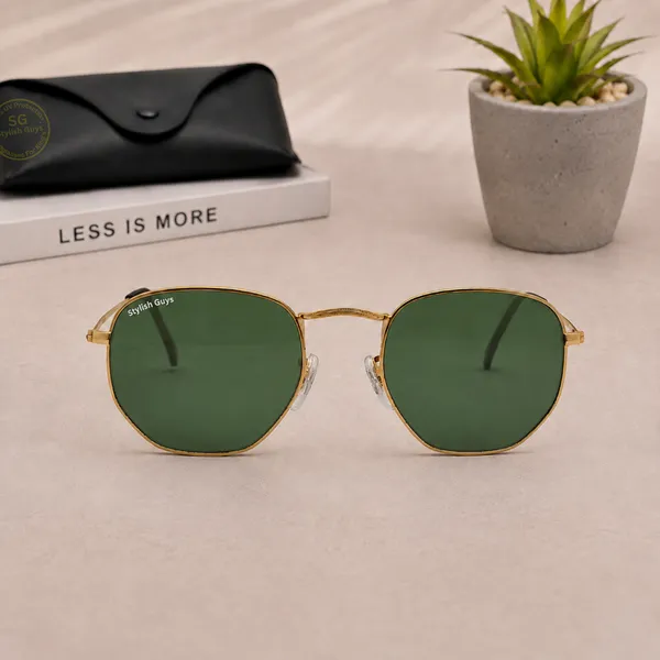 Sunglasses_For_Men_With_Green_Glass_Golden_Frame_3548_Hexagon_Sunglass_By_Sunglasses_Deal_Green_Golden
