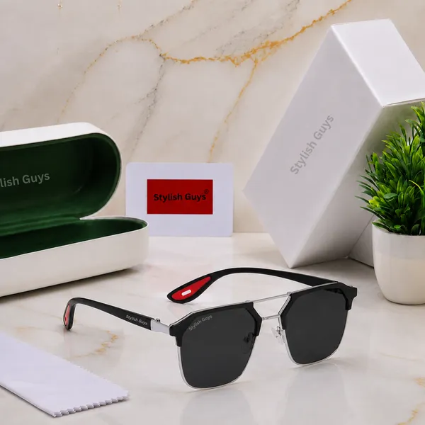 Sunglasses_For_Men_With_Black_Glass_Silver_Frame_04_Square_Polarized_Sunglass_By_Sunglasses_Deal_Black_Silver