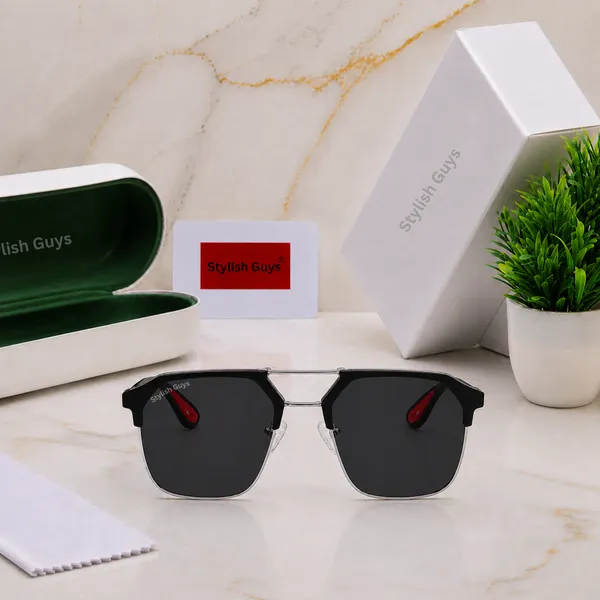 Sunglasses_For_Men_With_Black_Glass_Silver_Frame_04_Square_Polarized_Sunglass_By_Sunglasses_Deal_Black_Silver