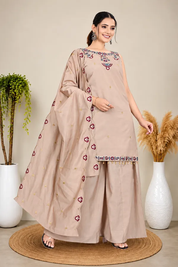 RajvanshiSuit_Women’s_Beige_Silk_Kurta_Palazzo_Set_with_Embroidered_Neckline_&_Border