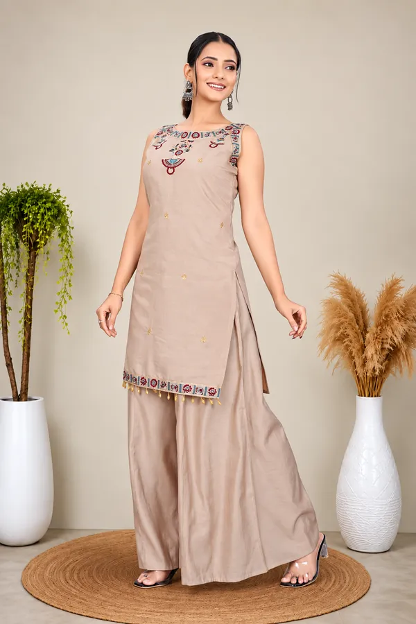 RajvanshiSuit_Women’s_Beige_Silk_Kurta_Palazzo_Set_with_Embroidered_Neckline_&_Border