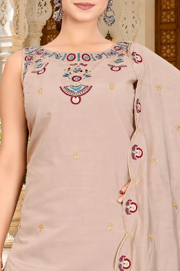 RajvanshiSuit_Women’s_Beige_Silk_Kurta_Palazzo_Set_with_Embroidered_Neckline_&_Border
