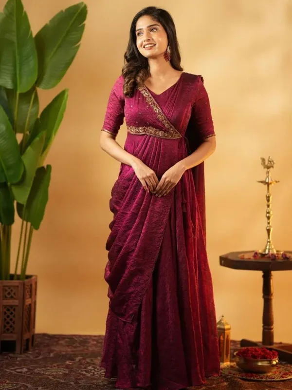 Wine_Embroidered_Silk_Saree-Style_Kurti_–_Rajvanshi_Suit