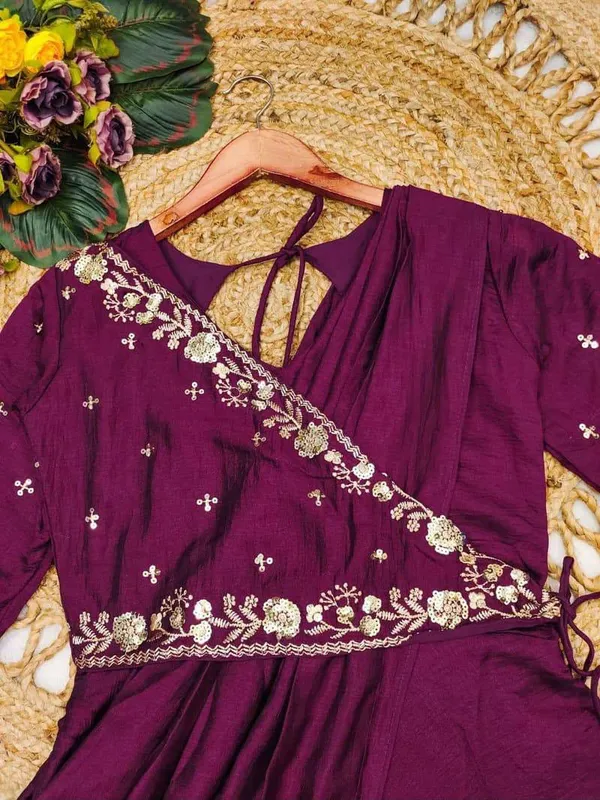 Wine_Embroidered_Silk_Saree-Style_Kurti_–_Rajvanshi_Suit