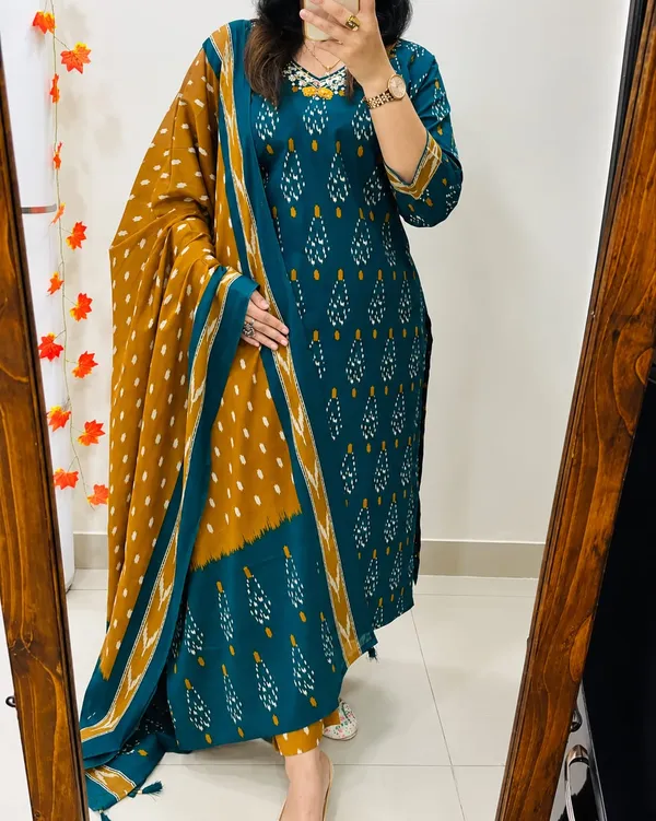 Women’s_Teal_Blue_&_Mustard_Printed_Rayon_Suit_Set_with_Dupatta
