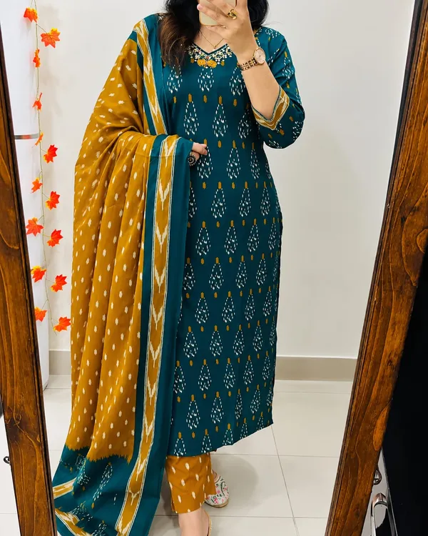 Women’s_Teal_Blue_&_Mustard_Printed_Rayon_Suit_Set_with_Dupatta