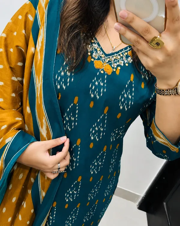 Women’s_Teal_Blue_&_Mustard_Printed_Rayon_Suit_Set_with_Dupatta