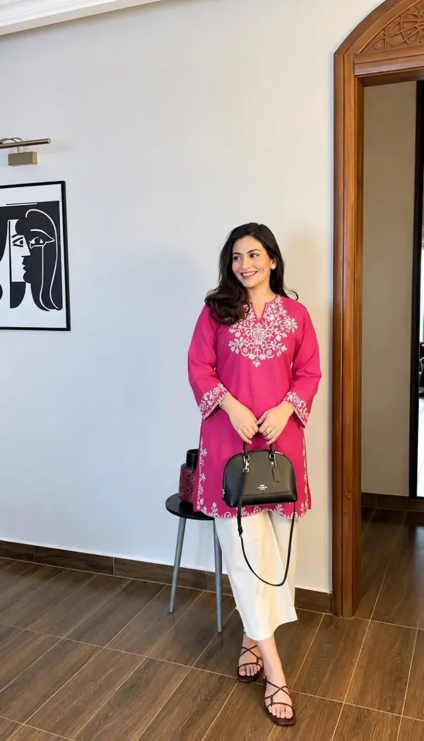 Rani_Pink_And_Off_White_Cotton_Kurta_Set_For_Women_(2Pc)