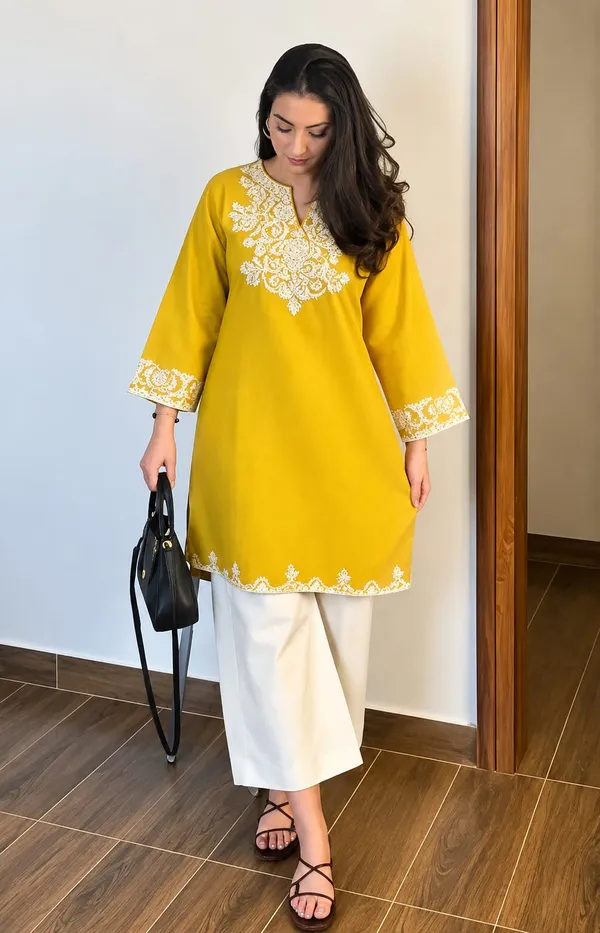 Yellow_And_White_Cotton_Kurta_Set_For_Women_(2Pc)