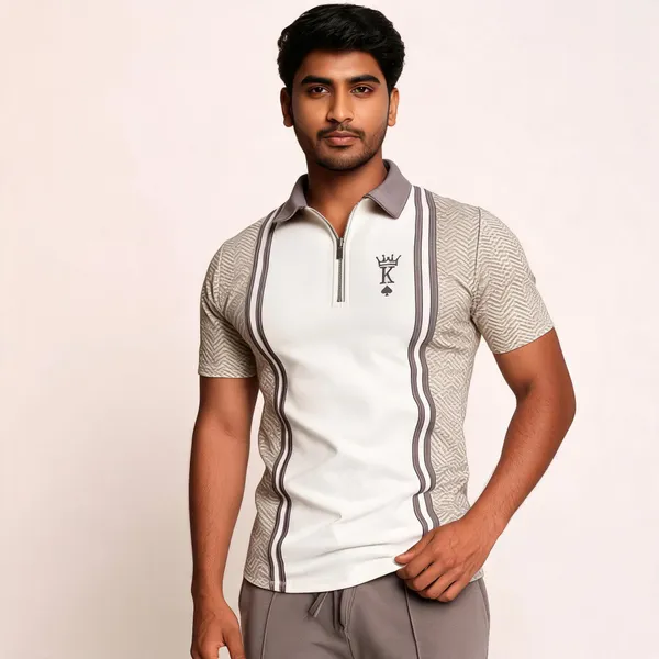 White_And_Grey_Lycra_Cotton_Half_Sleeve_Spread_Collar_Polo_T-Shirt