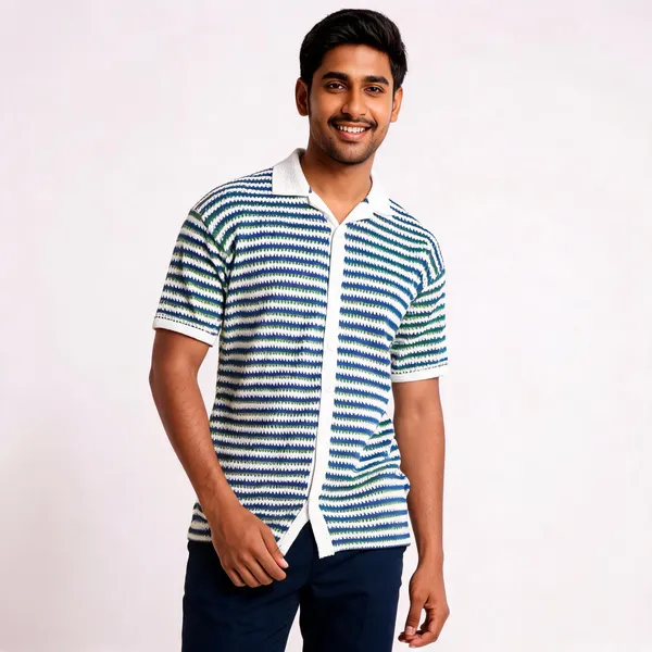 White_And_Blue_Cotton_Spread_Collar_Half_Sleeve_Polo_Shirt
