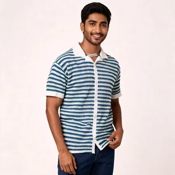 White_And_Blue_Cotton_Spread_Collar_Half_Sleeve_Polo_Shirt