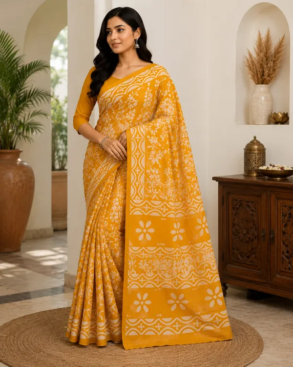 Mustard_Yellow_Hand_Block_Print_Cotton_Mul_Saree_With_Blouse_Default_Title