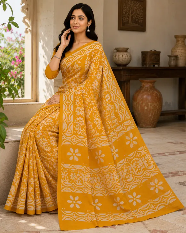 Mustard_Yellow_Hand_Block_Print_Cotton_Mul_Saree_With_Blouse_Default_Title