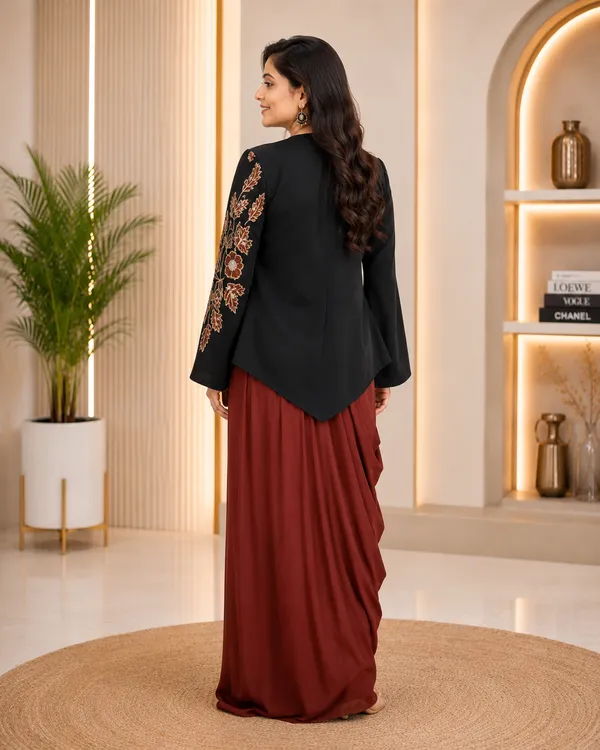 Luxury_Black_Floral_Embroidered_Banana_Crape_Jacket_For_Women