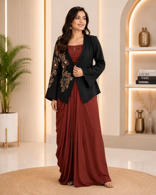Luxury_Black_Floral_Embroidered_Banana_Crape_Jacket_For_Women