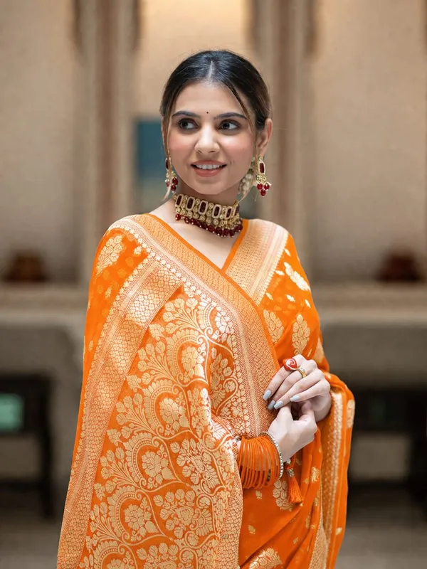 Premium_Georgette_Silk_Saree_With_Double_Zari_Work_Orange