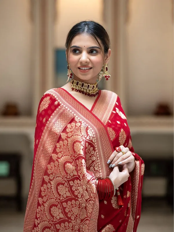 Premium_Georgette_Silk_Saree_With_Double_Zari_Work_Red