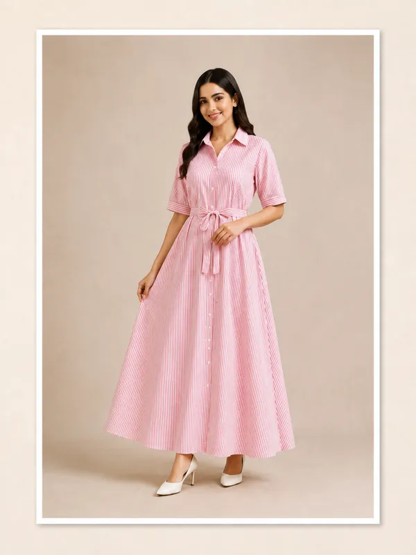 Women_S_Stripes_Long_Dress_With_Belt_Cotton_Hot_Pink