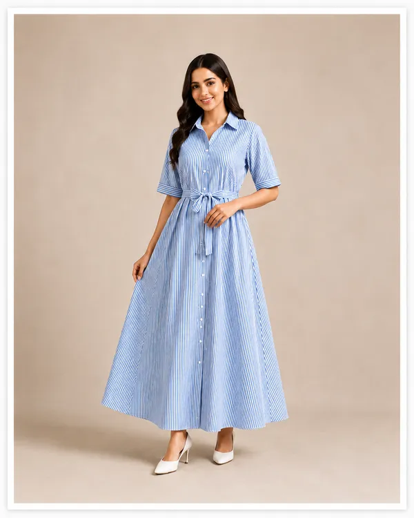 Women_S_Stripes_Long_Dress_With_Belt_Cotton_Blue