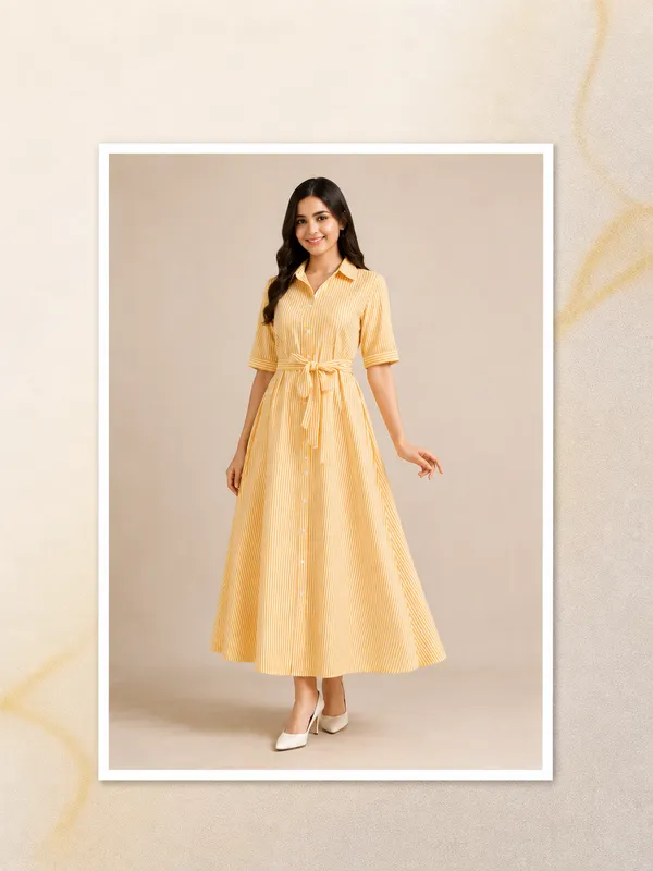 Women_S_Stripes_Long_Dress_With_Belt_Cotton_Yellow