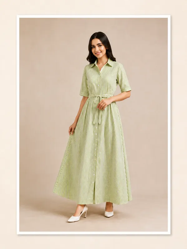 Women_S_Stripes_Long_Dress_With_Belt_Cotton_Green