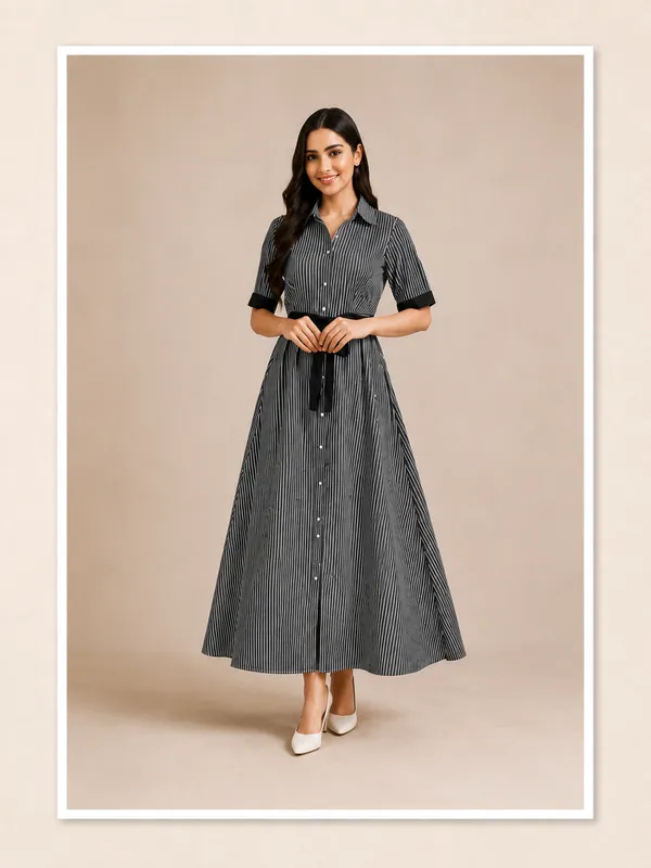 Women_S_Stripes_Long_Dress_With_Belt_Cotton_Black