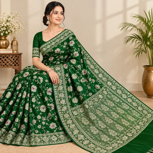 Katan_Silk_Zari_Jaal_Saree_Dark_Green