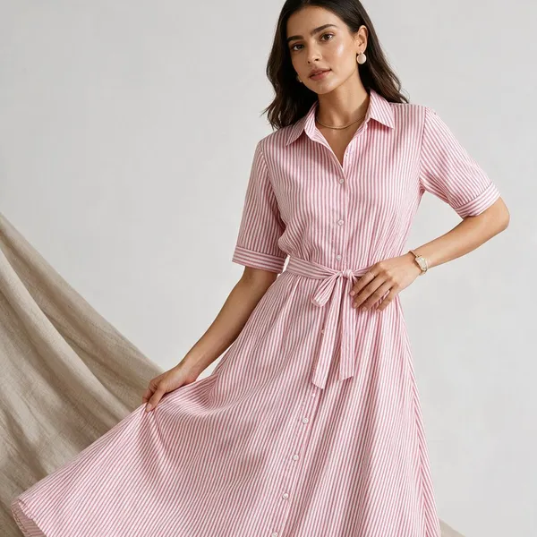 Women's_Striped_Long_Dress_With_Belt_Cotton_Pink