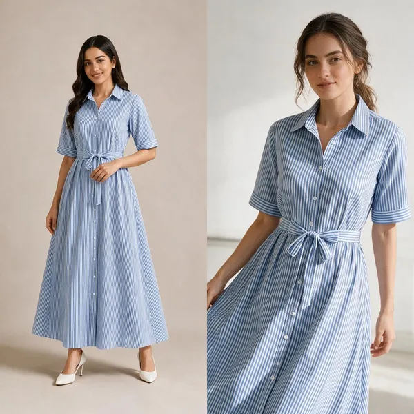 Women's_Striped_Long_Dress_With_Belt_Cotton_Blue