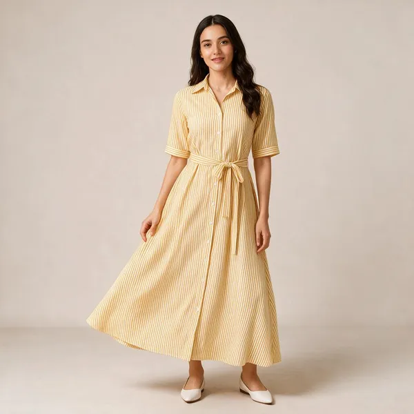 Women's_Striped_Long_Dress_With_Belt_Cotton_Yellow