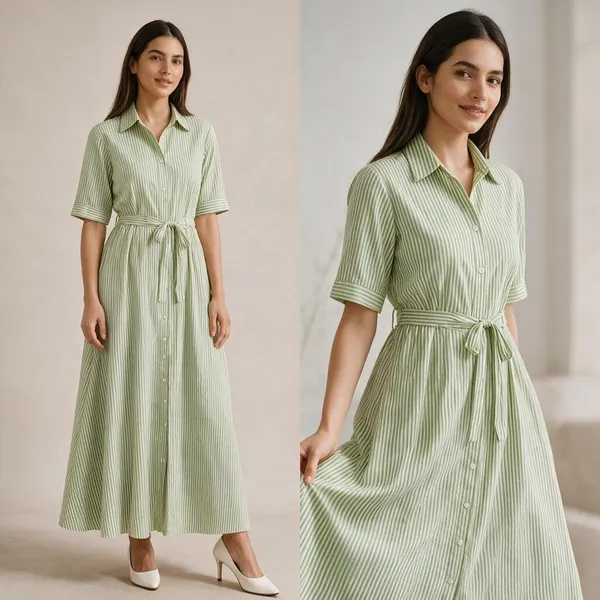Women's_Striped_Long_Dress_With_Belt_Cotton_Green