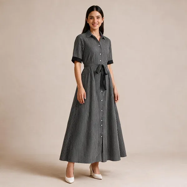 Women's_Striped_Long_Dress_With_Belt_Cotton_Black
