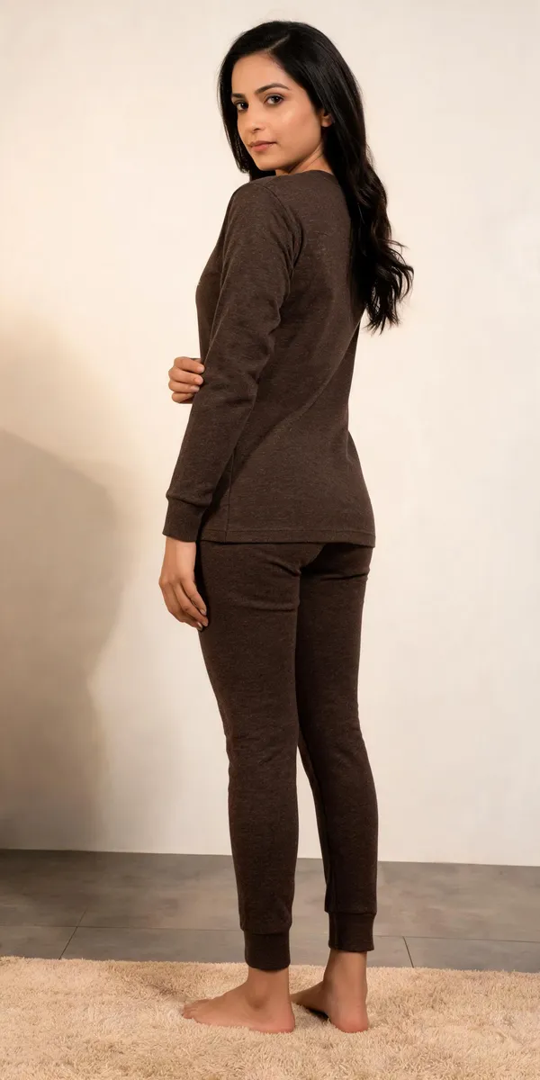 Brown_Long_Sleeve_V_Neck_Night_Suit_Set_For_Women