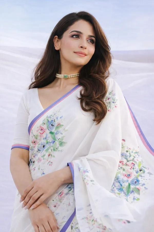 White_Floral_Printed_Satin_Saree_With_Blue_Pink_Border_Elegant_Designer_Party_Wear_Saree_For_Women