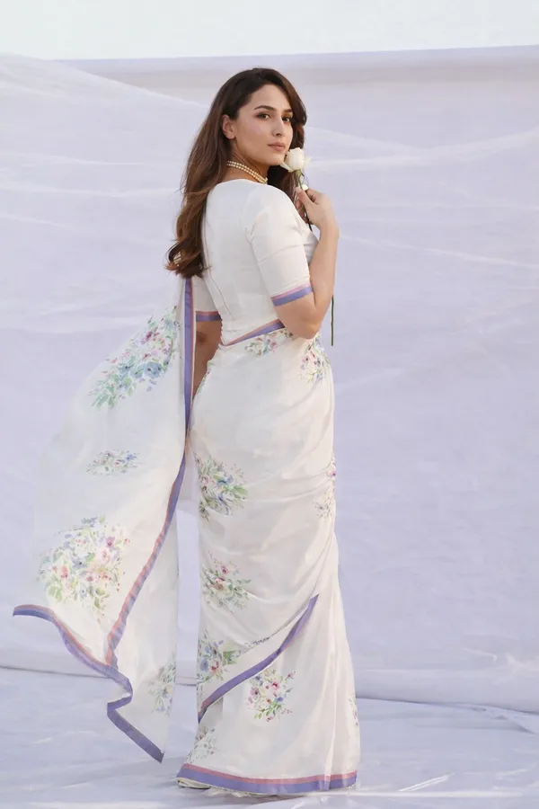 White_Floral_Printed_Satin_Saree_With_Blue_Pink_Border_Elegant_Designer_Party_Wear_Saree_For_Women