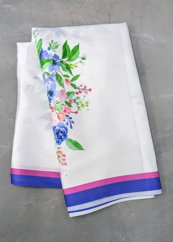 White_Floral_Printed_Satin_Saree_With_Blue_Pink_Border_Elegant_Designer_Party_Wear_Saree_For_Women