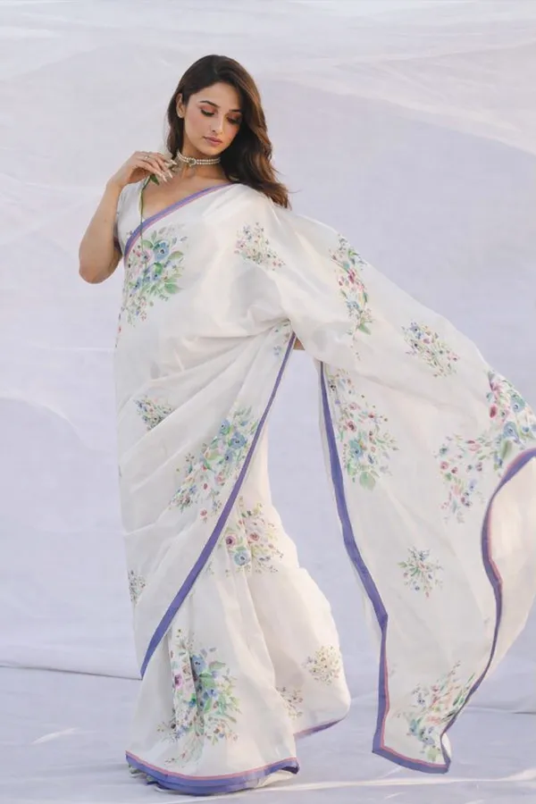 White_Floral_Printed_Satin_Saree_With_Blue_Pink_Border_Elegant_Designer_Party_Wear_Saree_For_Women