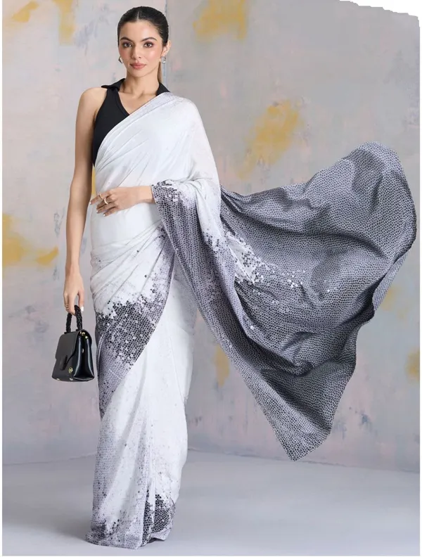 White_Black_Abstract_Digital_Print_Satin_Saree_Elegant_Designer_Party_Wear_Saree_For_Women