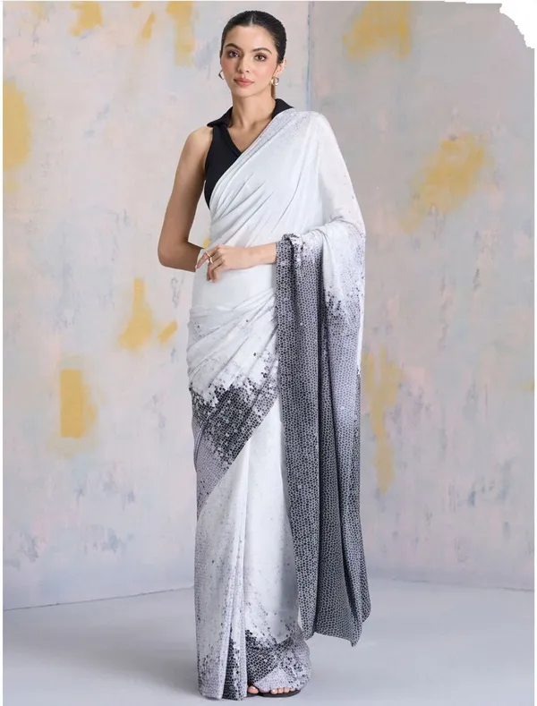 White_Black_Abstract_Digital_Print_Satin_Saree_Elegant_Designer_Party_Wear_Saree_For_Women