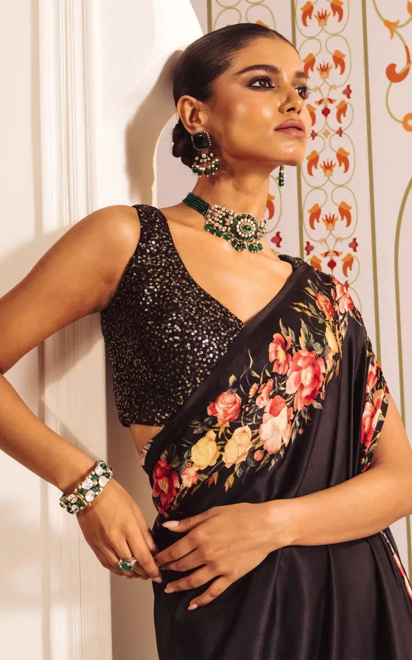 Midnight_Bloom_Black_Satin_Floral_Printed_Saree_Elegant_Party_Wear_Designer_Saree_For_Women