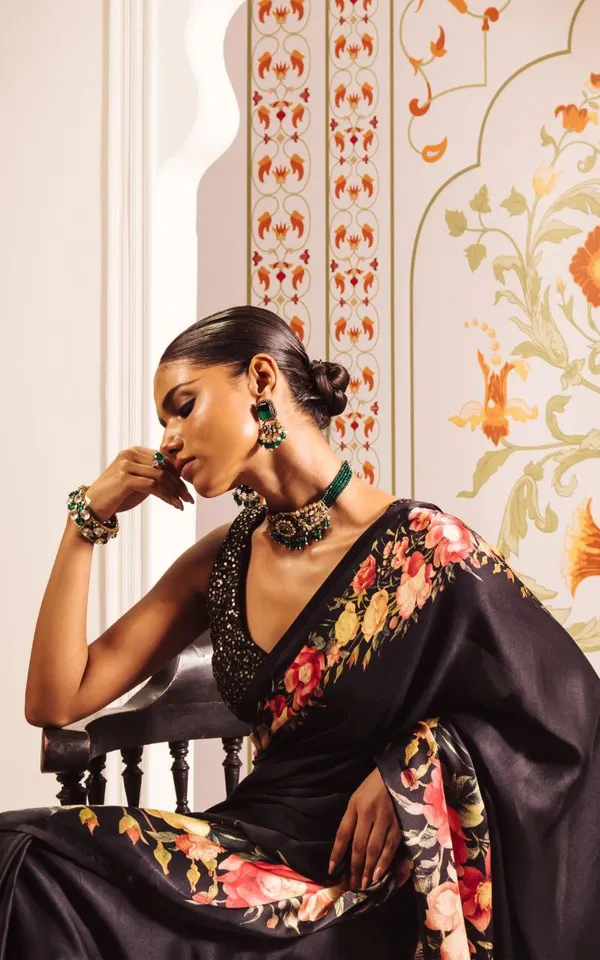 Midnight_Bloom_Black_Satin_Floral_Printed_Saree_Elegant_Party_Wear_Designer_Saree_For_Women
