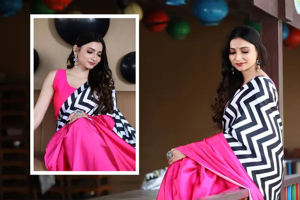 Hot_Pink_Satin_Designer_Saree_With_Black_White_Chevron_Pallu_Modern_Party_Wear_Saree_For_Women