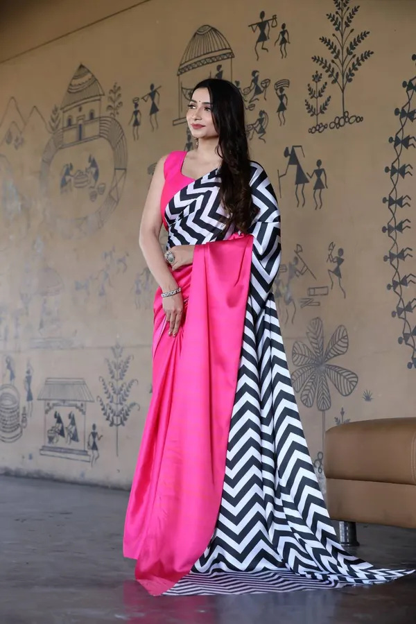 Hot_Pink_Satin_Designer_Saree_With_Black_White_Chevron_Pallu_Modern_Party_Wear_Saree_For_Women