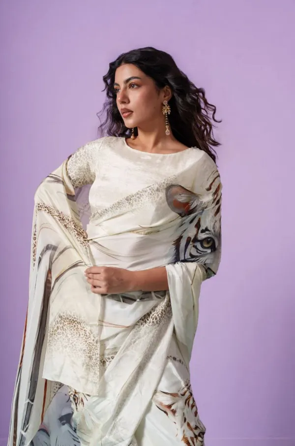 Ivory_Majesty_Tiger_Print_Satin_Saree_Luxury_Designer_Statement_Party_Wear_Saree_For_Women