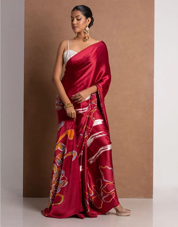 Crimson_Red_Satin_Abstract_Floral_Designer_Saree_Elegant_Party_Festive_Wear_Saree_For_Women